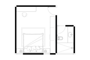 Vector 2d yatak odası, banyo planı, iç tasarım mobilya düzeni, beyaz üzerinde siyah çizgiler, izole edilmiş. 30
