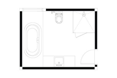 İç dizayn planının 2d çizimi, beyaz arka planda siyah çizgiler, izole edilmiş. Set 8