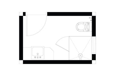 İç dizayn planının 2d çizimi, beyaz arka planda siyah çizgiler, izole edilmiş. Set 9