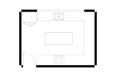 2D mutfak çizimi iç tasarım planı, beyaz arka planda siyah çizgiler, izole edilmiş. 2. Set