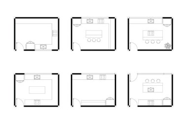2d koleksiyon çizimi, mutfak düzeni iç tasarım planı, beyaz arka planda siyah çizgiler, izole edilmiş. Set 7