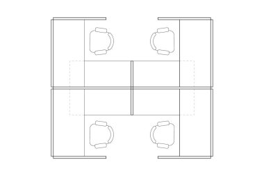İç ofis tasarım elemanının 2d kübik çizimi, beyaz arka planda siyah çizgiler, izole. 2. Set