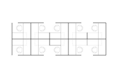 İç ofis tasarım elemanının 2d kübik çizimi, beyaz arka planda siyah çizgiler, izole. 1. Set