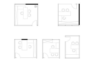 2d koleksiyon çizimi, ofis içi tasarım elemanının kübik düzeni, beyaz arka planda siyah çizgiler, izole edilmiş. 12. Set