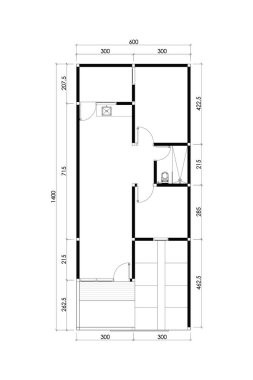 Evin iki boyutlu tasarımı 63 metre kare, vektör çizgileri beyaz arka planda izole edilmiş. 1. Set