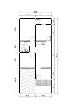 Evin 2 boyutlu zemin tasarımı 60 metre kare, vektör çizgileri beyaz zemin üzerinde izole edilmiş. 1. Set