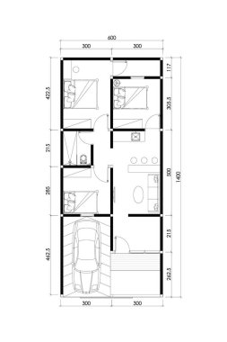 2 boyutlu zemin planı ve 60 metre karelik ev dekorasyonu, beyaz arka planda siyah vektör çizgileri. 2. Set