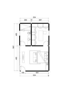 Yatak odasının 2 boyutlu mobilya tasarımı banyo ve dolap iç mimarisi, beyaz arka planda siyah çizgi. 1. Set