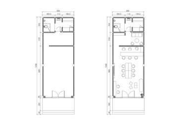 Evin ve deponun 2 boyutlu tasarımı 60 metre kare, beyaz arka planda siyah çizgi. 2. Set