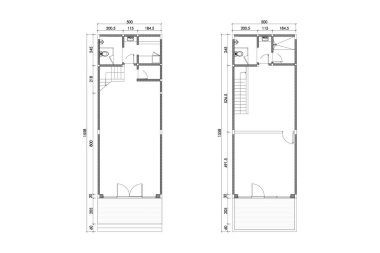Evin ve deponun 2 boyutlu tasarımı iki katlı iki katlı, siyah çizgi beyaz arka planda izole edilmiş. 1. Set