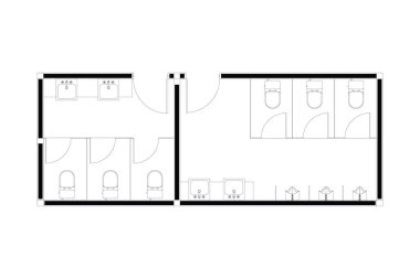 Halka açık tuvaletin iki boyutlu tasarımı, beyaz arka planda izole edilmiş siyah çizgi. 5. Set