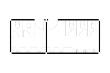 Halka açık tuvaletin iki boyutlu tasarımı, beyaz arka planda izole edilmiş siyah çizgi. 4. Set
