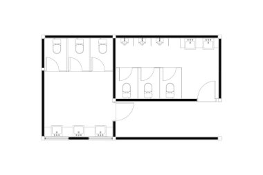 Halka açık tuvaletin iki boyutlu tasarımı, beyaz arka planda izole edilmiş siyah çizgi. 1. Set