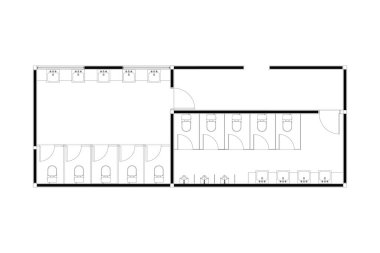 Halka açık tuvaletin iki boyutlu tasarımı, beyaz arka planda izole edilmiş siyah çizgi. Set 3