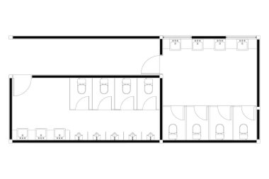 Halka açık tuvaletin iki boyutlu tasarımı, beyaz arka planda izole edilmiş siyah çizgi. 2. Set