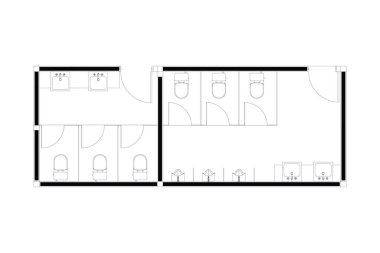 Halka açık tuvaletin iki boyutlu tasarımı, beyaz arka planda izole edilmiş siyah çizgi. 6. Set