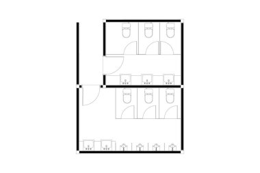 Halka açık tuvaletin iki boyutlu tasarımı, beyaz arka planda izole edilmiş siyah çizgi. Set 9