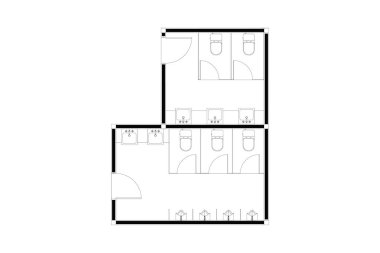 Halka açık tuvaletin iki boyutlu tasarımı, beyaz arka planda izole edilmiş siyah çizgi. 10 'u ayarla