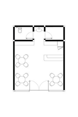 2 boyutlu kat planı ve küçük restoranın mobilya tasarımı, beyaz arka planda siyah çizgi. Set 3