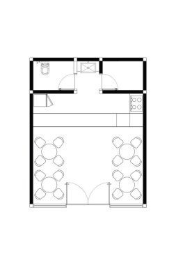 2 boyutlu kat planı ve küçük restoranın mobilya tasarımı, beyaz arka planda siyah çizgi. 5. Set