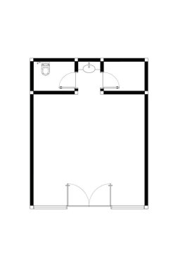 İki boyutlu kat planı, küçük restoranlardan temizlendi. Siyah çizgi, beyaz arka planda izole edildi. 1. Set