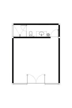 2 boyutlu kat planı küçük depo boş, çizgi siyah beyaz arka planda izole edilmiş. 1. Set