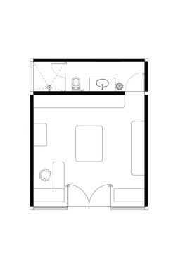 2 boyutlu zemin planı ve küçük mağazaların mobilya tasarımı, beyaz arka planda siyah çizgi. 5. Set