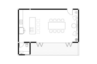 Mutfak, Yemek, Yaşam ve Banyo ile Basit Mimari Kat Planı. 5