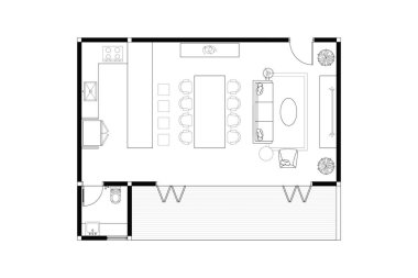 Mutfak, Yemek, Yaşam ve Banyo ile Basit Mimari Kat Planı. 2