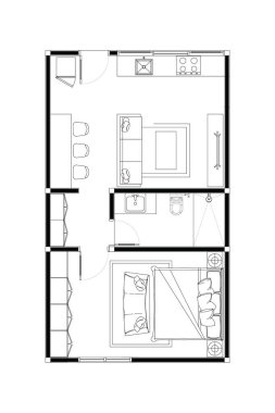 Minimalist Minik Ev Kat Planı. Tek yatak odası ve açık yaşam alanı var. 10