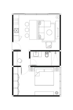 Minimalist Minik Ev Kat Planı. Tek yatak odası ve açık yaşam alanı var. 3
