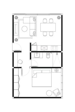 Minimalist Minik Ev Kat Planı. Tek yatak odası ve açık yaşam alanı var. 2
