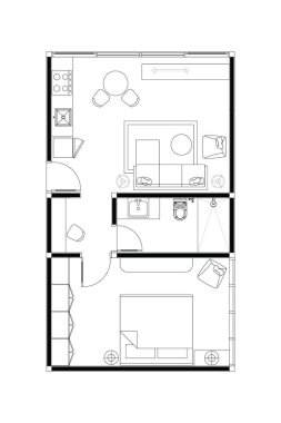 Minimalist Minik Ev Kat Planı. Tek yatak odası ve açık yaşam alanı var. 5