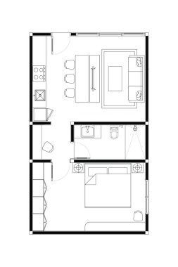 Minimalist Minik Ev Kat Planı. Tek yatak odası ve açık yaşam alanı var. 8