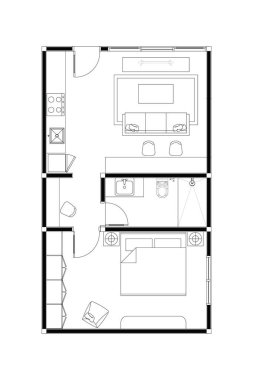 Minimalist Minik Ev Kat Planı. Tek yatak odası ve açık yaşam alanı var. 7