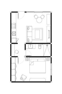 Minimalist Minik Ev Kat Planı. Tek yatak odası ve açık yaşam alanı var. 6