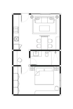 Minimalist Minik Ev Kat Planı. Tek yatak odası ve açık yaşam alanı var. 9