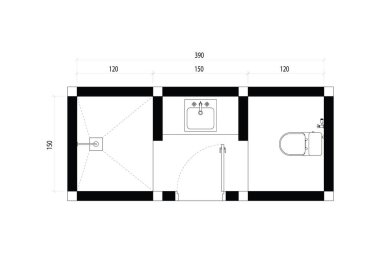 Banyo katı planı. Küvet, duş ve lavabo. Üst Manzara Projesi. 25