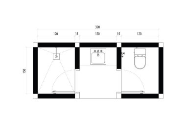 Banyo katı planı. Küvet, duş ve lavabo. Üst Manzara Projesi. 6