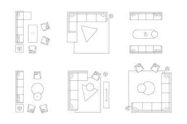 Minimalist Oturma Odası Mobilya Yerleşimi Üst Görünüm Seti. 2