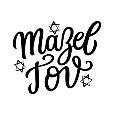 Mazel tov. Hand lettering text with stars of David isolated on white background. Vector typography for cards, banners, posters clipart