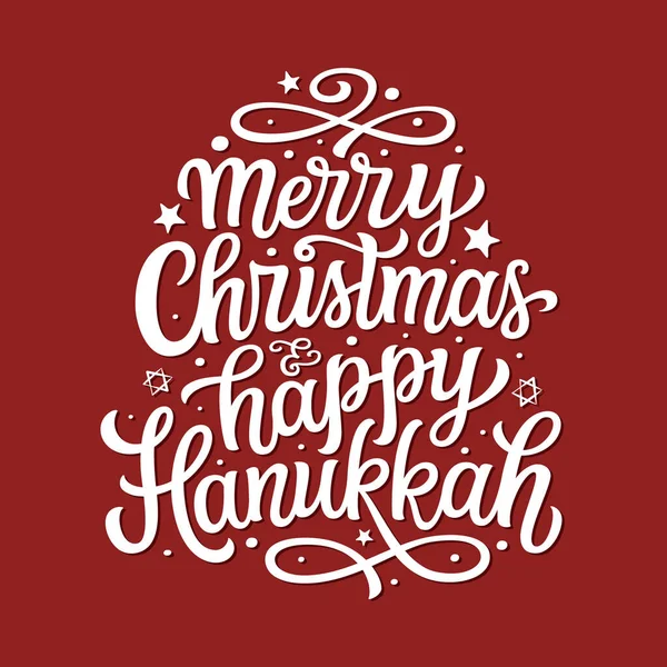 Joyeux Noël Heureux Hanoukka Texte Lettré Main Sur Fond Rouge — Image vectorielle