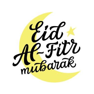Eid Al-Fitr mubarak. Hand lettering text with moon and stars isolated on white background. Vector typography for posters, banners, cards