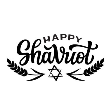 Mutlu Shavuot 'lar. David 'in yıldızının olduğu el yazısı ve beyaz arka planda izole edilmiş buğday kulakları. Posterler, afişler, kartlar için vektör tipografisi