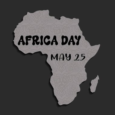 Afrika günü, 25 Mayıs. Siyah arkaplanda Afrika silueti olan bir tipografi posteri ya da afişi.