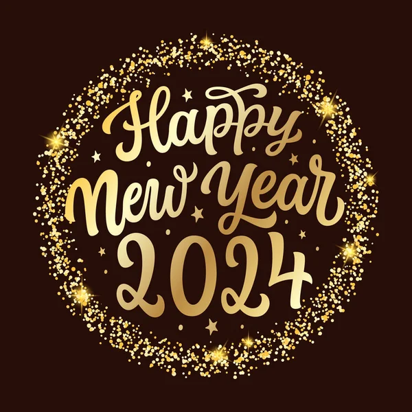 Happy New Year 2024 Hand Lettering Golden Text Shiny Dark Stock Vector