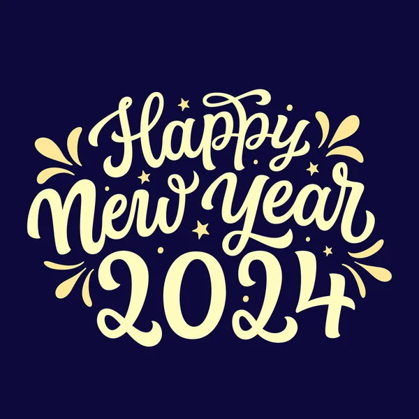 新年快乐2024 蓝色背景上的手写金色文字 包装纸 礼品袋的矢量打印 图库插图