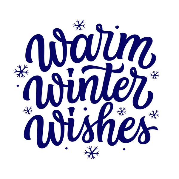 Warme Winterwensen Handschrift Blauwe Tekst Met Sneeuwvlokken Geïsoleerd Witte Achtergrond Stockillustratie