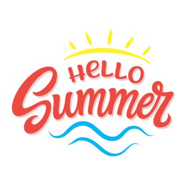 Merhaba Summer. Beyaz zemin üzerinde güneş ve dalgaların olduğu el yazısı. Tişört tasarımları, posterler, kartlar, afişler, kupalar için vektör tipografi metni