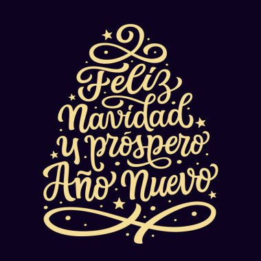 Mutlu Noeller ve İspanyolcada mutlu yıllar. Siyah arkaplana izole edilmiş altın harfli metin. Posterler, afişler, kartlar, Noel ve yeni yıl dekorasyonları için vektör tipografisi